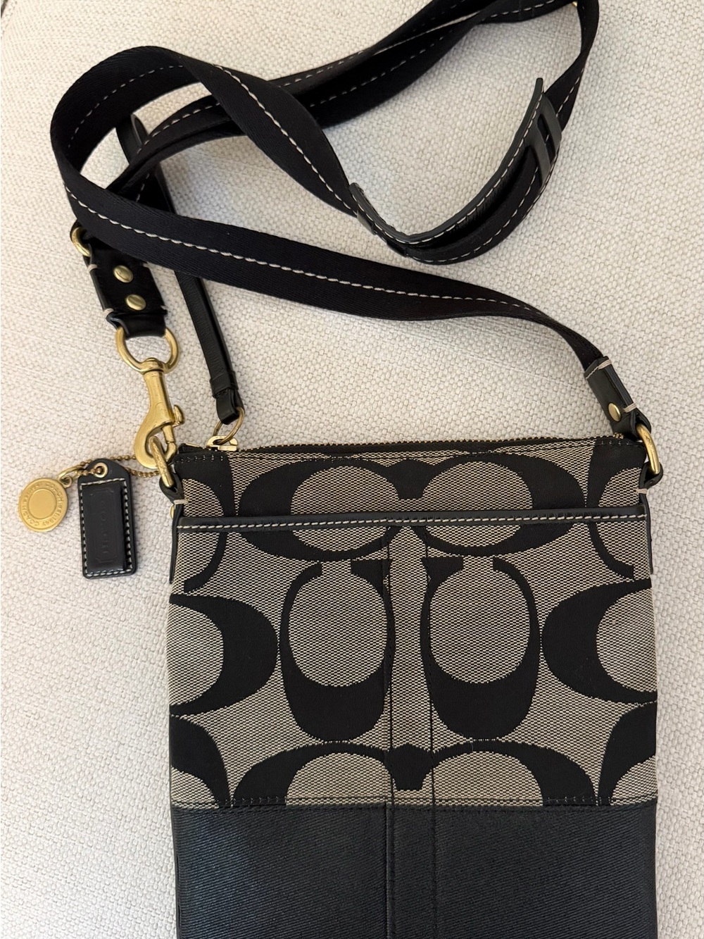 Coach Black and Tan Signature Crossbody Bag with Gold Hardware